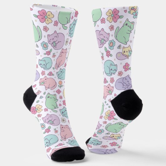 Pastel Kawaii Katten en Lente Bloemen Patroon Sokken (Gebogen)