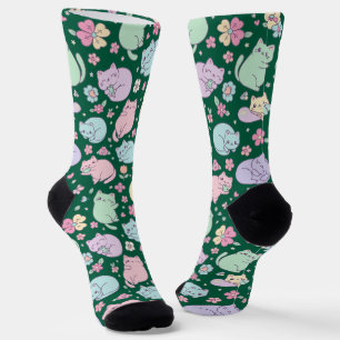 Pastel Kawaii Katten en Lente Bloemen Patroon  Sokken