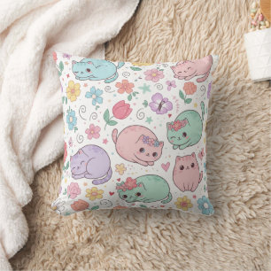 Pastel Kawaii Katten en Lente Bloemen Worp Kussen