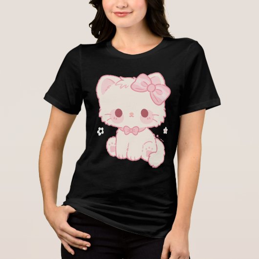Pastel Kawaii Kitty met Strik Tri-Blend Shirt (Voorkant)