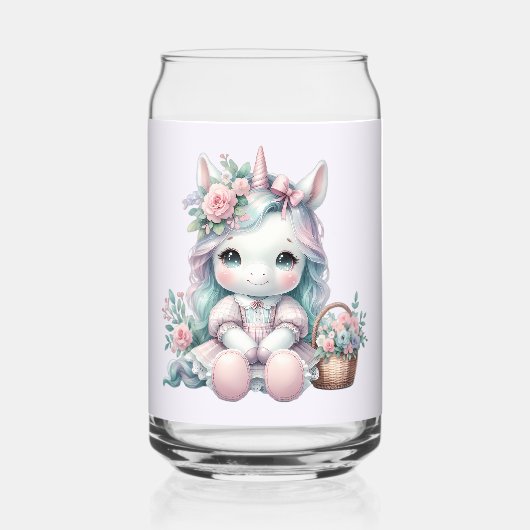 Pastel Kawaii Unicorn Doll with Flower Basket Blikvorm Glas (Voorkant)