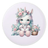 Pastel Kawaii Unicorn Doll with Flower Basket Keramische Knop (Voorkant)
