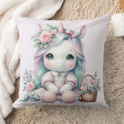 Pastel Kawaii Unicorn Doll with Flower Basket Kussen (Deken)