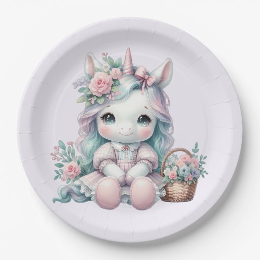 Pastel Kawaii Unicorn Doll with Flower Basket Papieren Bordje (Voorkant)