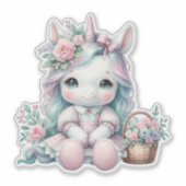 Pastel Kawaii Unicorn Doll with Flower Basket Sticker (Voorkant)
