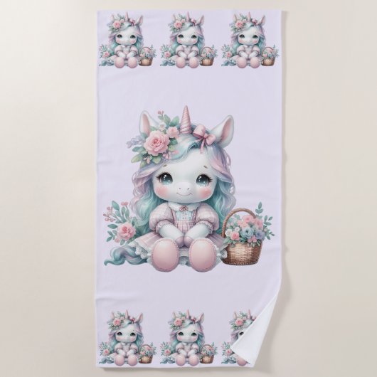 Pastel Kawaii Unicorn Doll with Flower Basket Strandlaken (Voorkant)