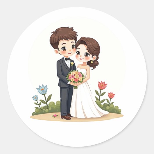 Pastel Kawaii Wedding Couple Ronde Sticker (Voorkant)