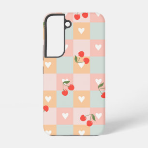 Pastel Kersen en Hart Geruit Patroon Samsung Galaxy Hoesje