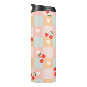 Pastel Kersen en Hart Geruit Patroon Thermosbeker