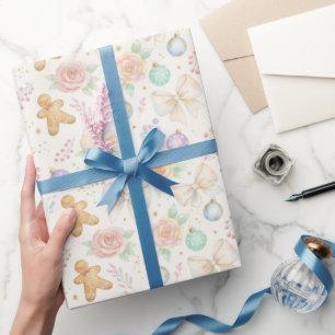 Pastel Kerst Bloem Motief & Strikken Cadeaupapier