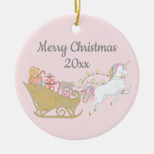 Pastel Kerst Eenhoorn Kerstman Slede Roze Keramisch Ornament