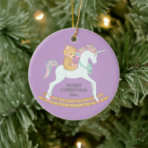 Pastel Kerst Eenhoorn Schommelpaard op Paars Keramisch Ornament