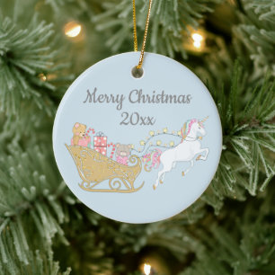Pastel Kerst Eenhoorn Sinterklaas slee Baby Blauw Keramisch Ornament