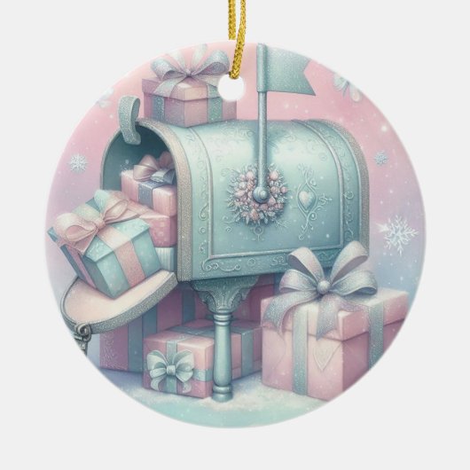 Pastel Kerstbal Brievenbus en Cadeaus 7 Keramisch Ornament (Voorkant)