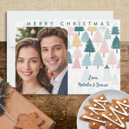 Pastel Kerstbomen Patroon Aangepaste Foto Feestdagenkaart