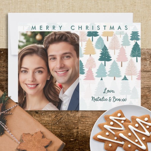 Pastel Kerstbomen Patroon Aangepaste Foto Feestdagenkaart