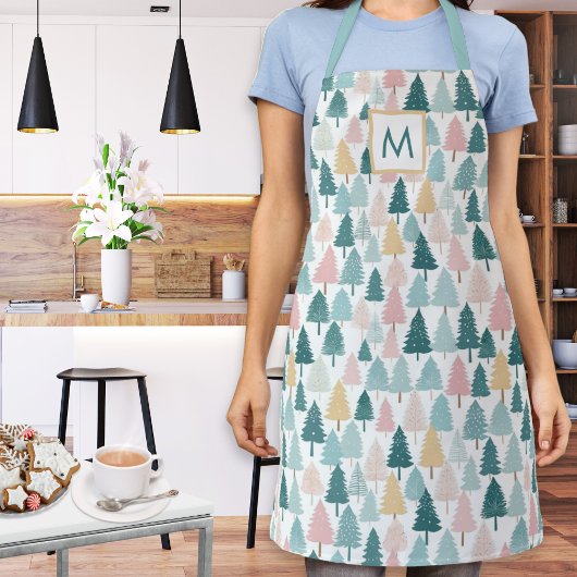 Pastel Kerstbomen Patroon Monogram Keuken Schort