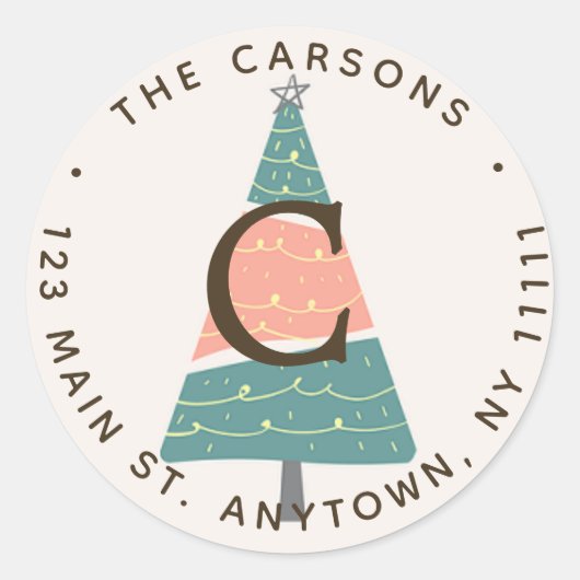 Pastel kerstboom ronde retour adreslabel sticker (Voorkant)