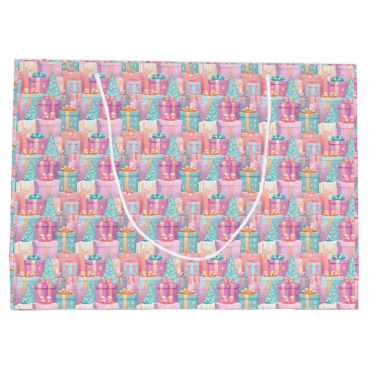 Pastel kerstcadeaus en bomen papier groot cadeauzakje (Achterkant)