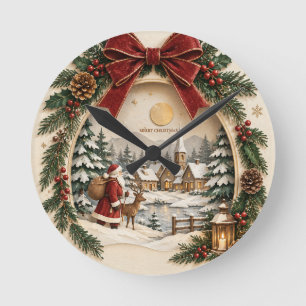 Pastel Kerstgroet, Kerstman en sneeuw Ronde Klok