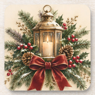 Pastel Kerstgroet, Knus Kaars, Lint Bier Onderzetter