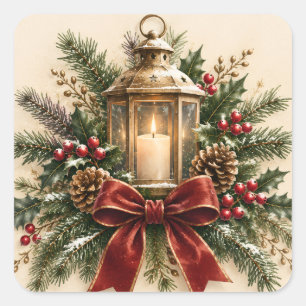 Pastel Kerstgroet, Knus Kaars, Lint Vierkante Sticker