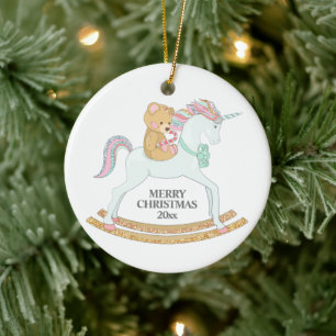Pastel Kerstmis Unicorn Rocking Horse op White Keramisch Ornament