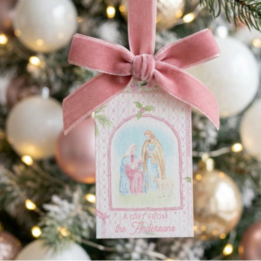 Pastel Kerststal | Baby Jezus in een Kribbe Cadeaulabel