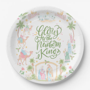 Pastel Kerststal Eer aan de pasgeboren Koning Papieren Bordje