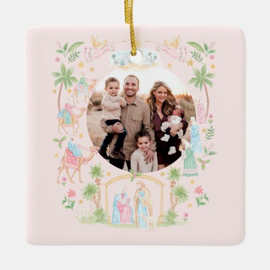 Pastel Kerststal Foto Keramisch Ornament (Voorkant)