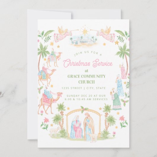Pastel Kerststal Kerkdienst | Kerk Kaart (Voorkant)