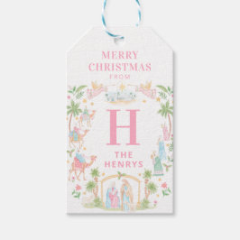 Pastel Kerststal Monogram Cadeaulabel