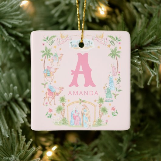 Pastel Kerststal Monogram Keramisch Ornament (Boom)
