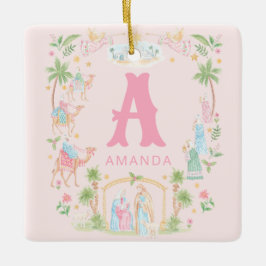 Pastel Kerststal Monogram Keramisch Ornament