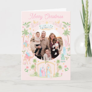 Pastel Kerststal Opgevouwen Foto Kaart