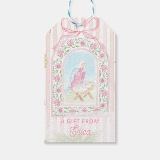 Pastel Kerststal | Scènes Gestreept Cadeaulabel (Voorkant)