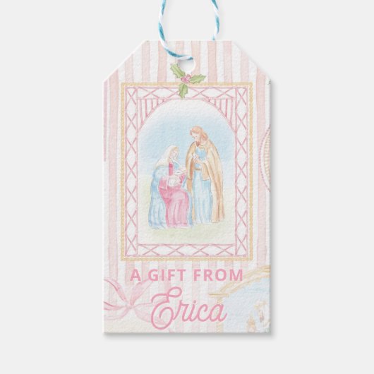Pastel Kerststal | Scènes Gestreept Cadeaulabel (Voorkant)