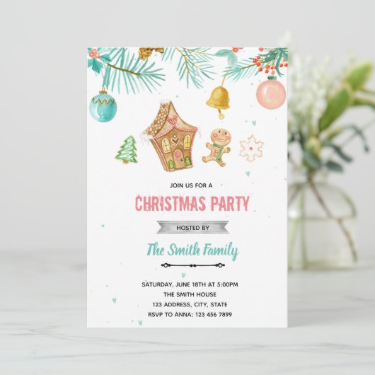 Pastel Kerstthema uitnodiging (Staand voorkant)