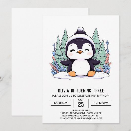 Pastel Kinder pinguïn digitale verjaardag Kaart (Voorkant / Achterkant)