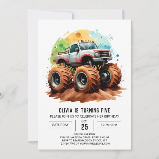 Pastel Kinderen Monster Truck Verjaardag Kaart (Voorkant)