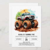 Pastel Kinderen Monster Truck Verjaardag Kaart (Voorkant / Achterkant)