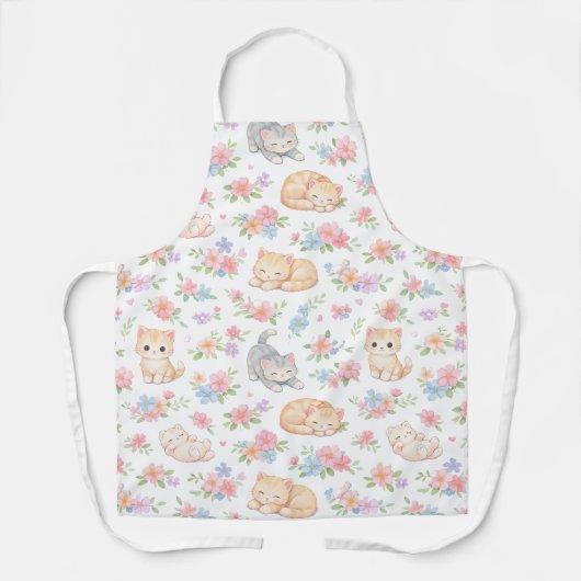 Pastel Kitten and Floral Pattern Kitchen Apron Schort (Voorkant)