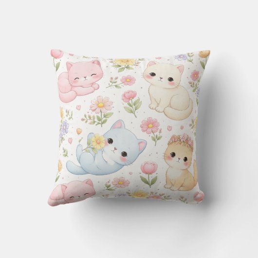 Pastel Kitten and Floral Pattern Throw Pillow Kussen (Achterkant)