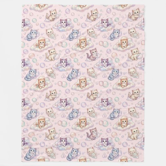 Pastel Kitten & Soap Bubble Naadloos Fleece Deken (Voorkant)
