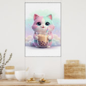 Pastel Kitty met Bubble Tea Kunstposter Poster (Keuken)