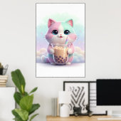 Pastel Kitty met Bubble Tea Kunstposter Poster (Thuiskantoor)