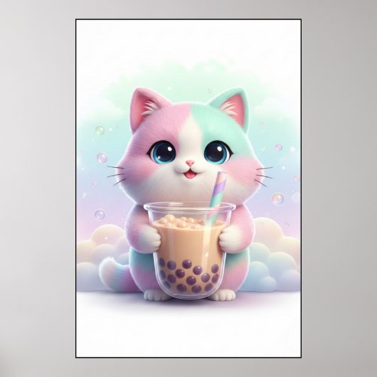 Pastel Kitty met Bubble Tea Kunstposter Poster (Voorkant)