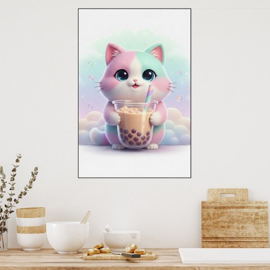 Pastel Kitty with Bubble Tea Art Poster (Keuken)