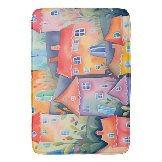 Pastel kleine huizen in zachte kleur, rustige kleu badmat (Voorkant Verticaal)