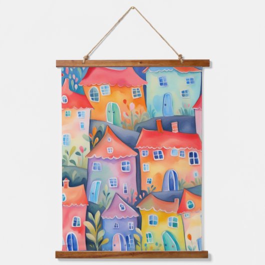Pastel kleine huizen in zachte kleur, rustige kleu hangend wandkleed (Voorkant)